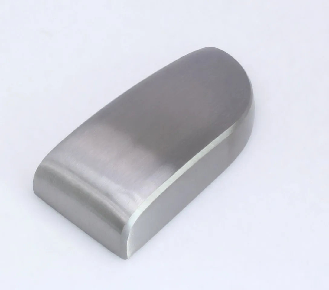 Brushed stainless curved rectangular hardware block with ASTA LDP148 engraving, side view