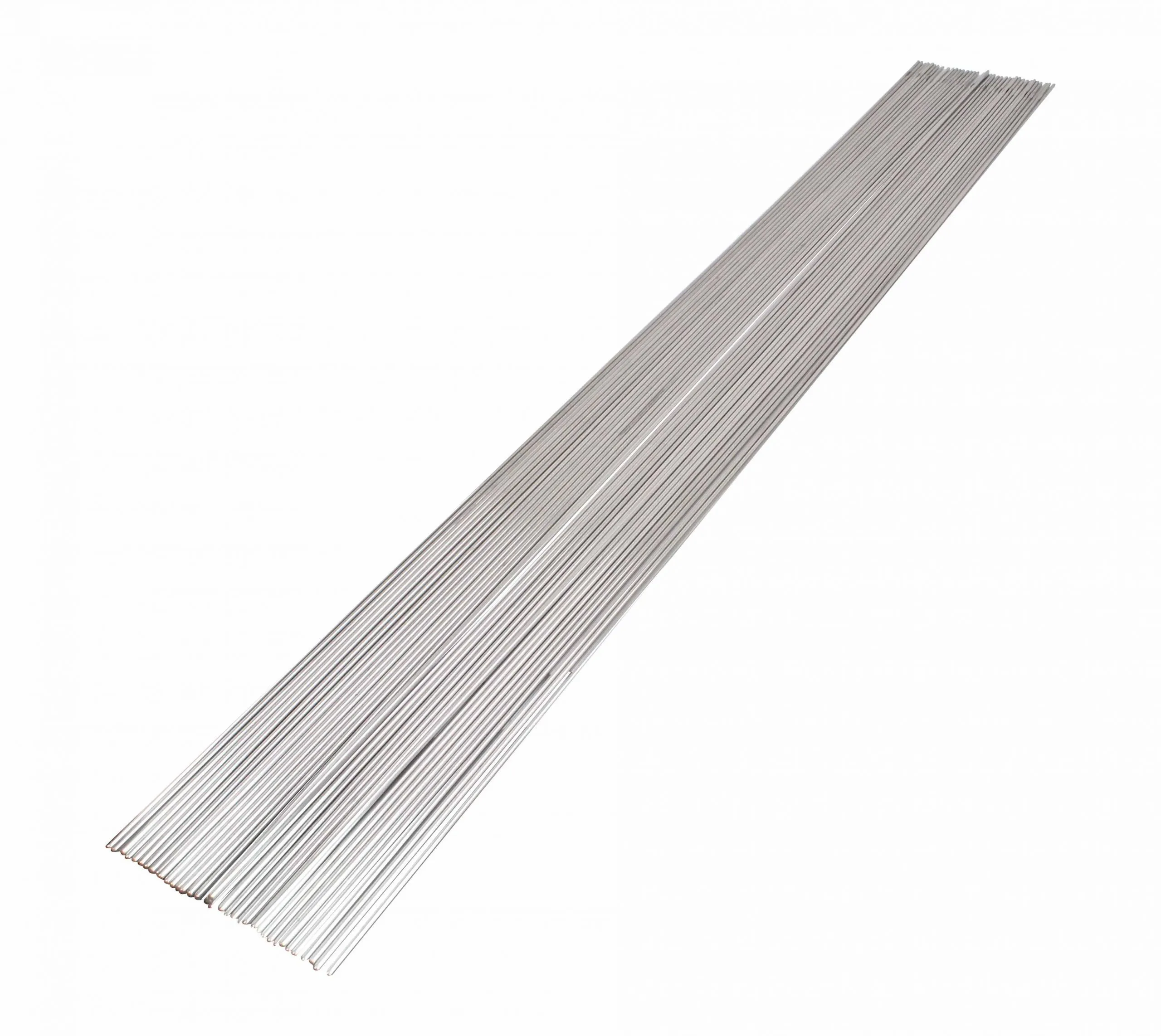 Multiple stainless steel TIG welding rods aligned side by side on a white background.