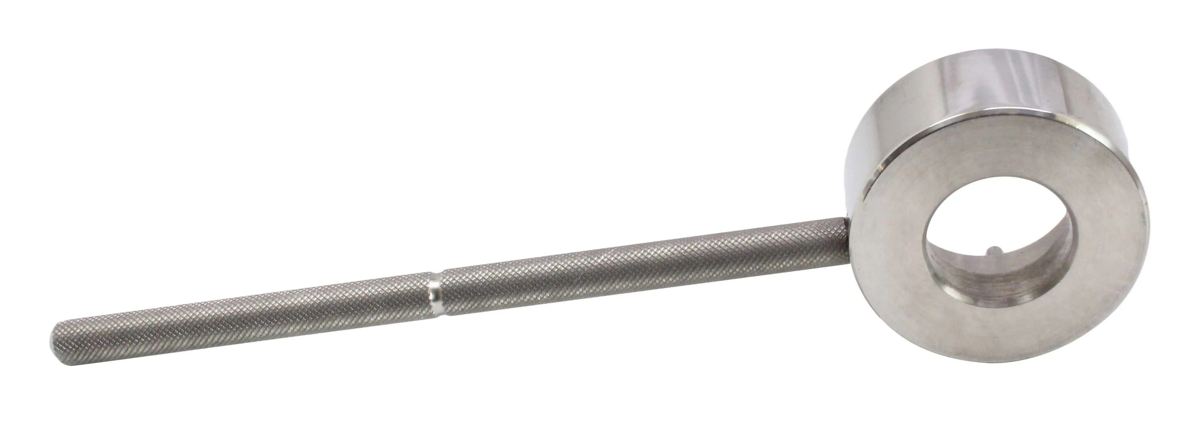 Side view of machined circular collar and knurled handle of wheel bearing locking ring tool