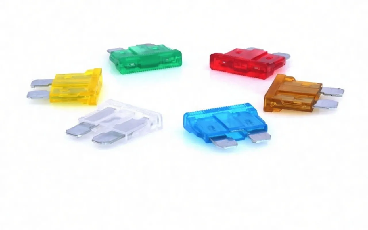 Assorted colored blade fuses on white showing molded housings, twin metal prongs and faint amperage markings