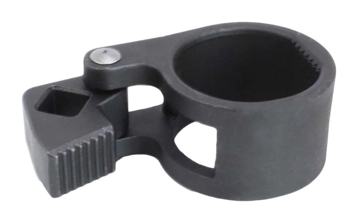 Angled top view of a hinged circular clamp tool with internal serrations, square drive socket and ribbed contact pad