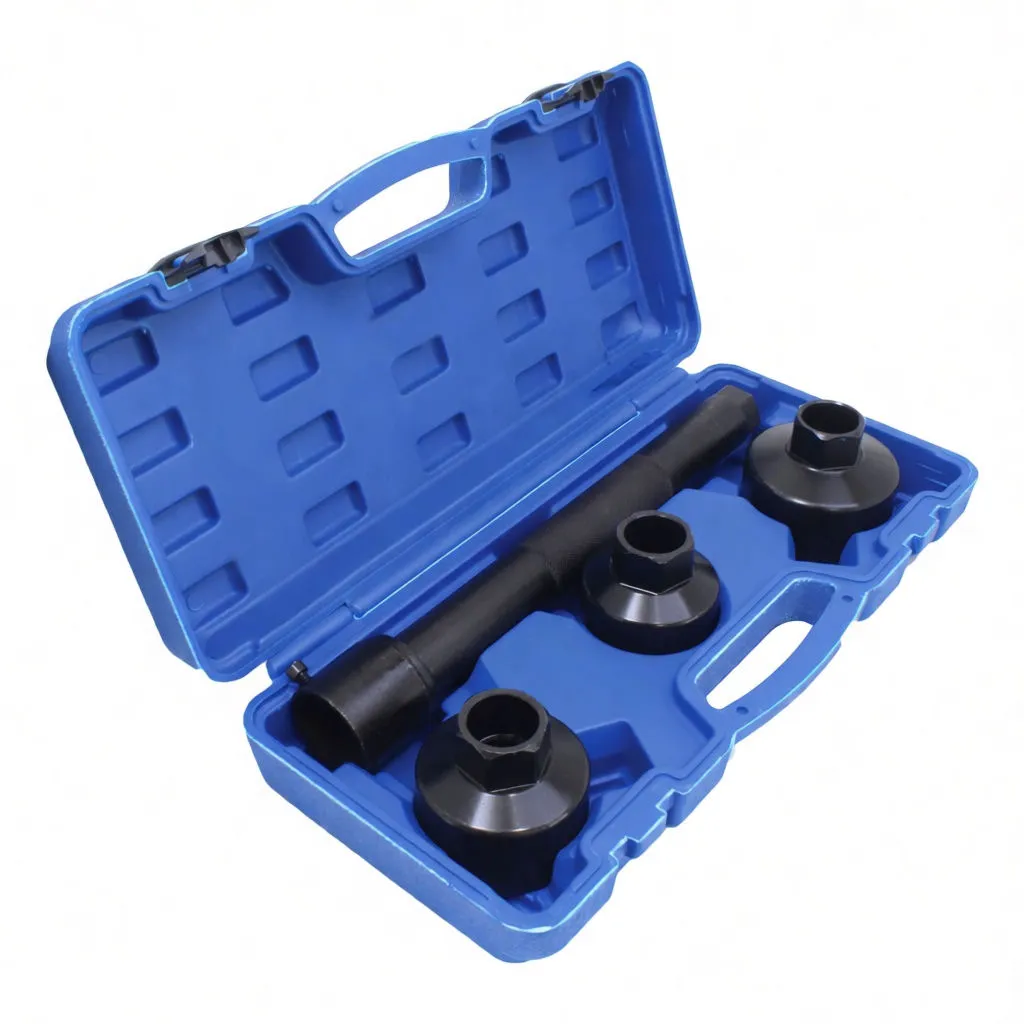 Angled view of blue case displaying knurled bar and three tapered socket heads for steering rack tool