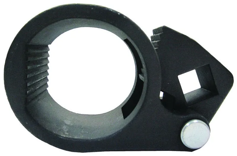 Front close-up of black circular clamp tool showing inner serrated teeth, hinged ridged jaw, square drive socket and silver pivot pin.
