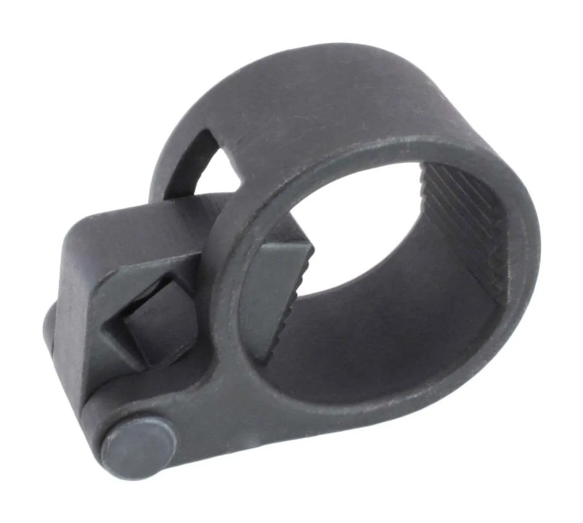 Rear oblique view of a dark metal clamp tool showing internal serrations, pivot pin and square drive recess