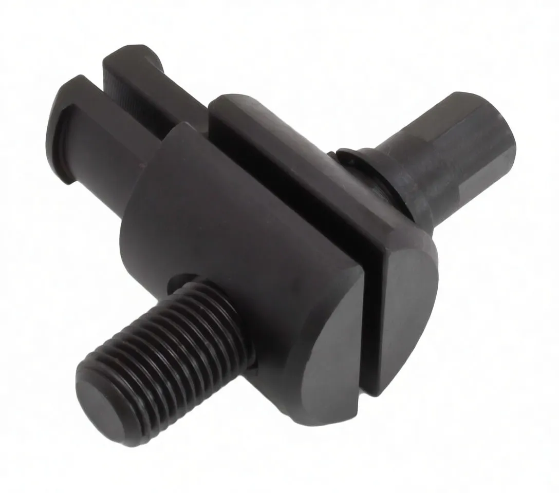 Angled view of black steering stem bearing race remover with forked jaws, threaded stud and hex drive, white brand marking
