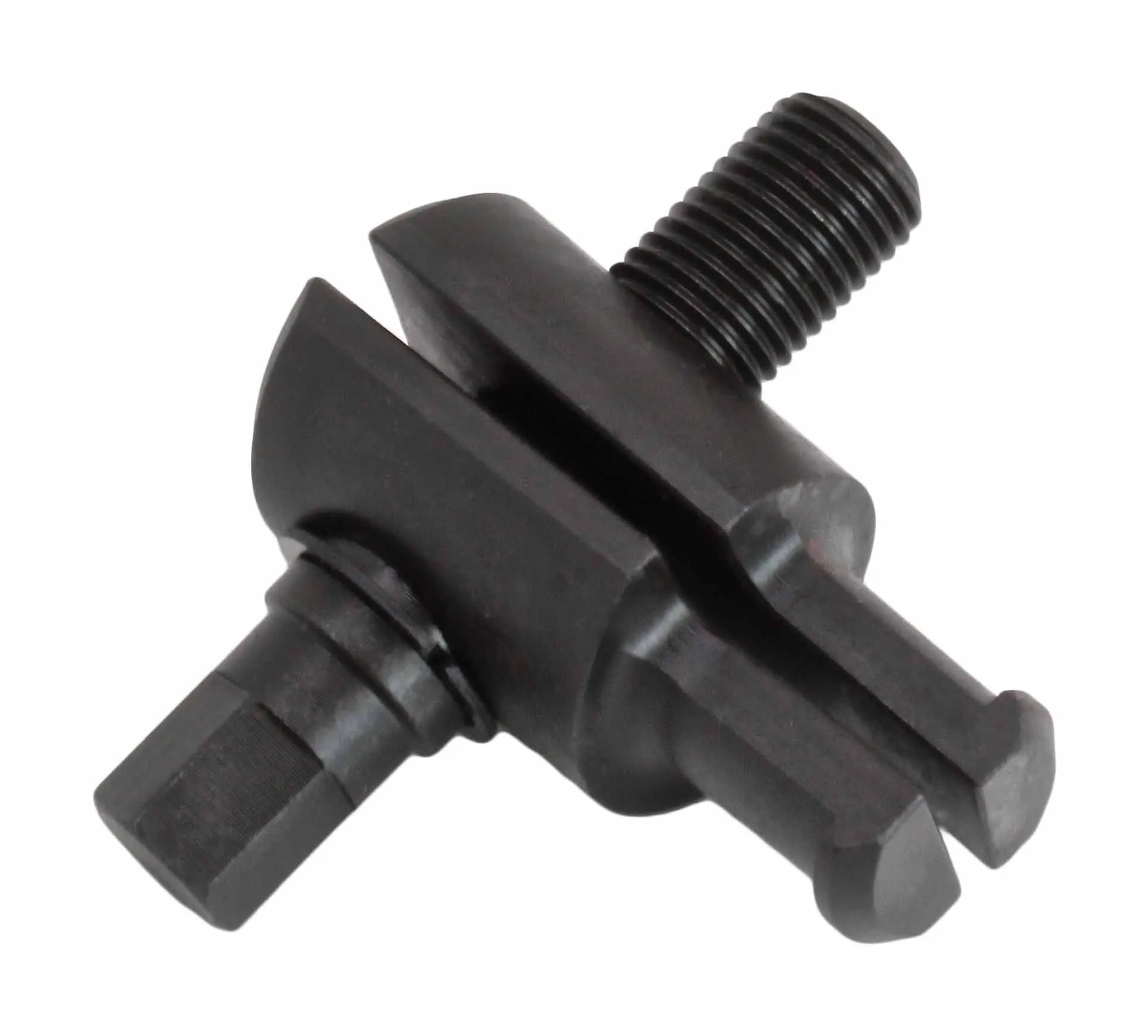 Perspective view of dark metal bearing race removal tool highlighting U-shaped forked tip, threaded stud and hex drive