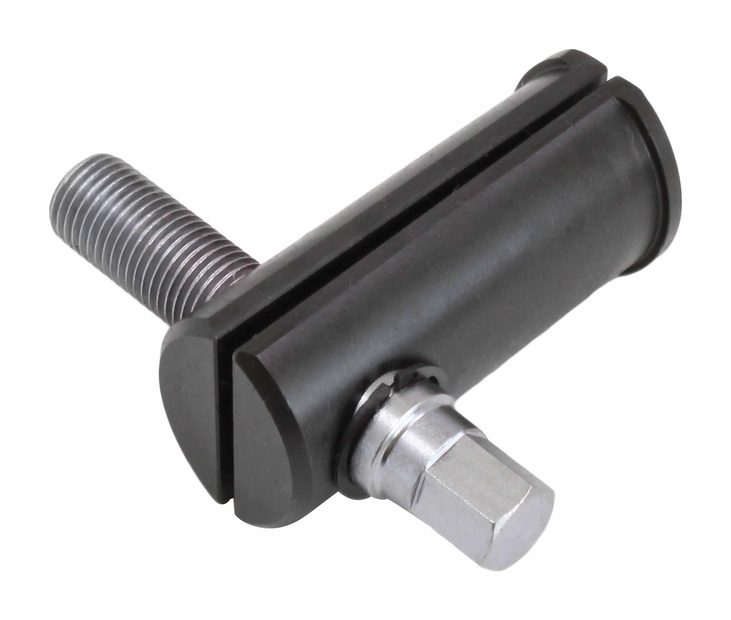 Perspective of removal tool showing hex driver in front, black slotted cylindrical sleeve and threaded stud at the rear.