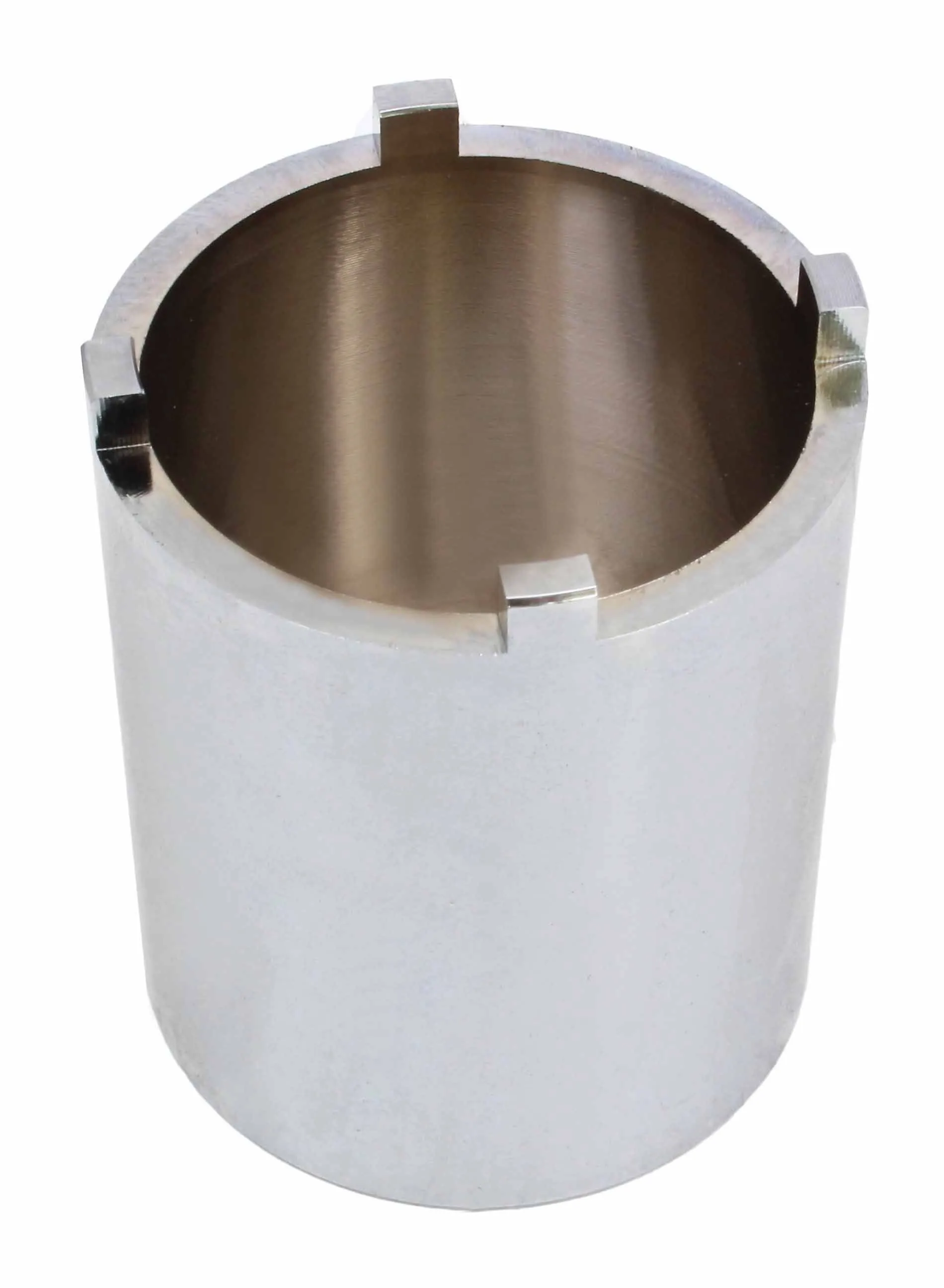 Top view inside chrome steering stem nut tool showing four engagement tabs and smooth inner surface.