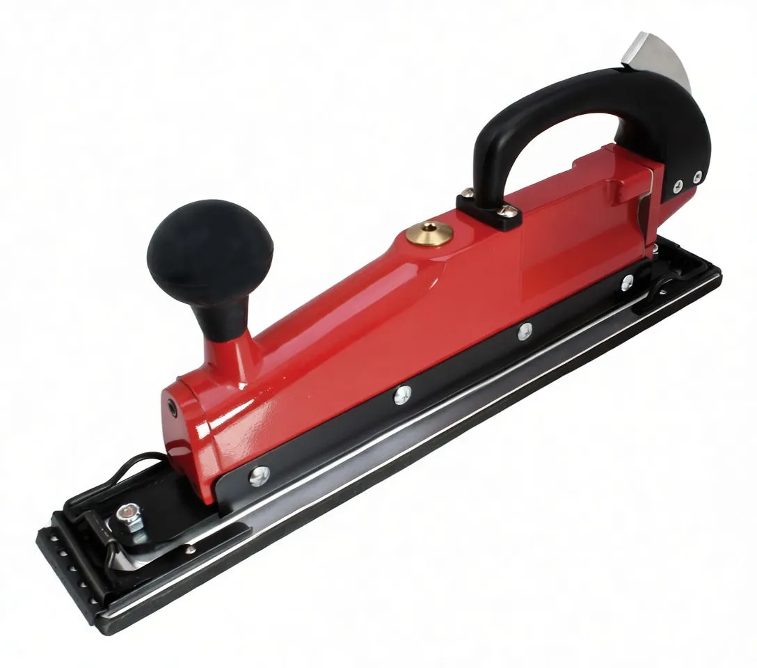 Side/top view of red SATRA S-845A straight-line air sander showing SATRA logo, brass oil cap, black handle and long base