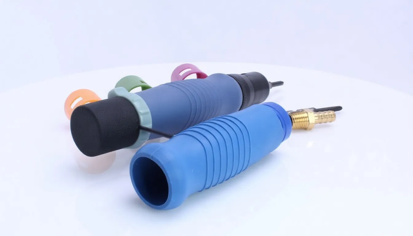 Pneumatic screwdriver with extra blue sleeve, brass fitting and colored collars, rear label 'TYPE' visible