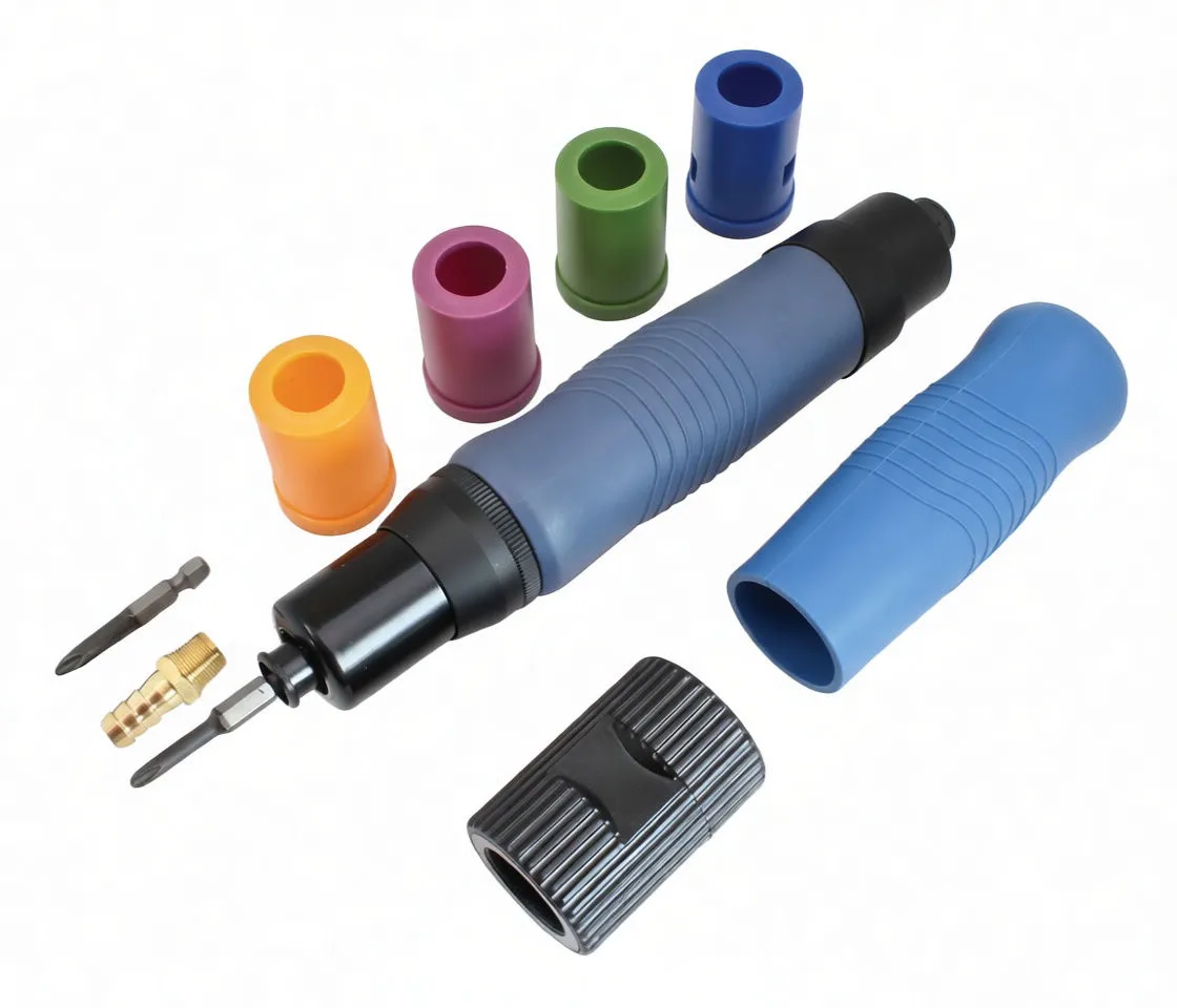 Top-down view of straight pneumatic screwdriver with colored caps, bits and brass air fitting
