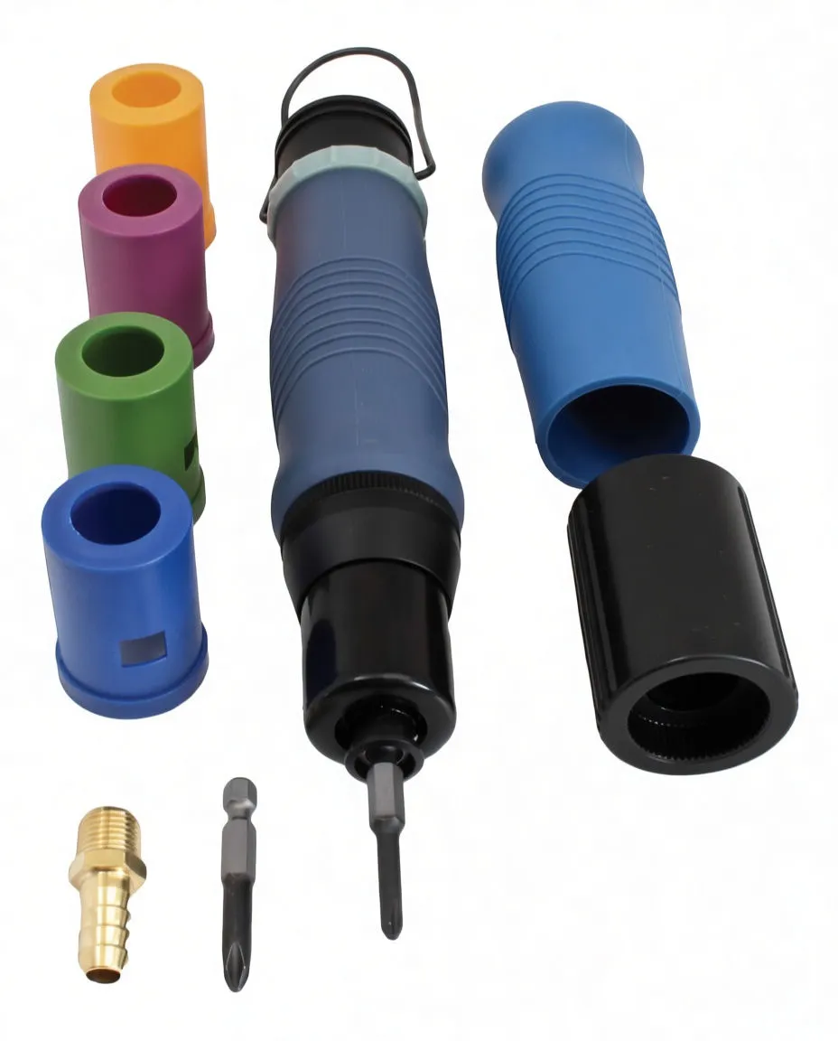 Top-down view of pneumatic screwdriver with blue grip, removed sleeve and cap, color-coded bit holders, two driver bits and a brass air fitting.
