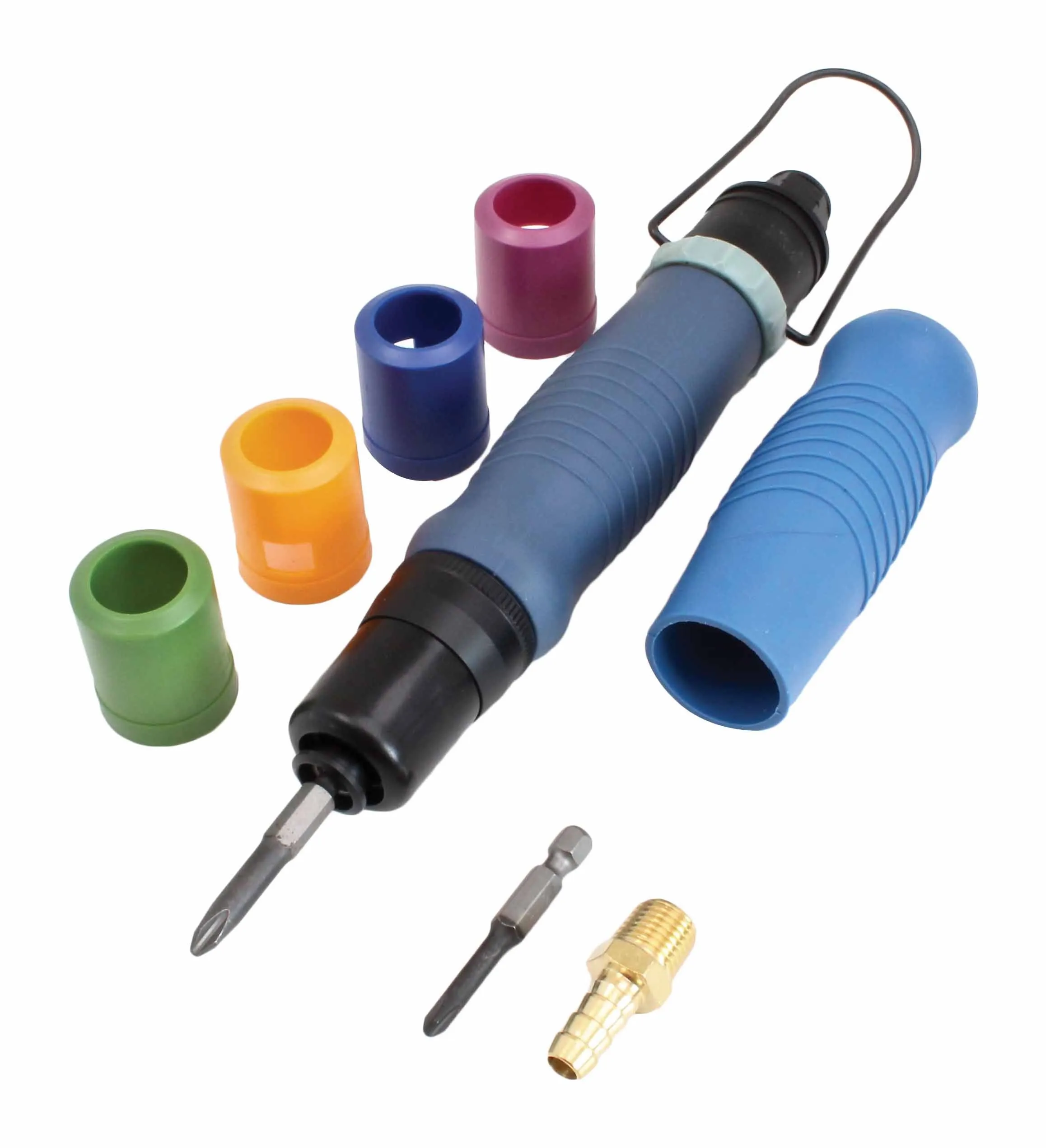 Angled shot of pneumatic screwdriver with blue handle, bits, brass adapter and multicolored caps