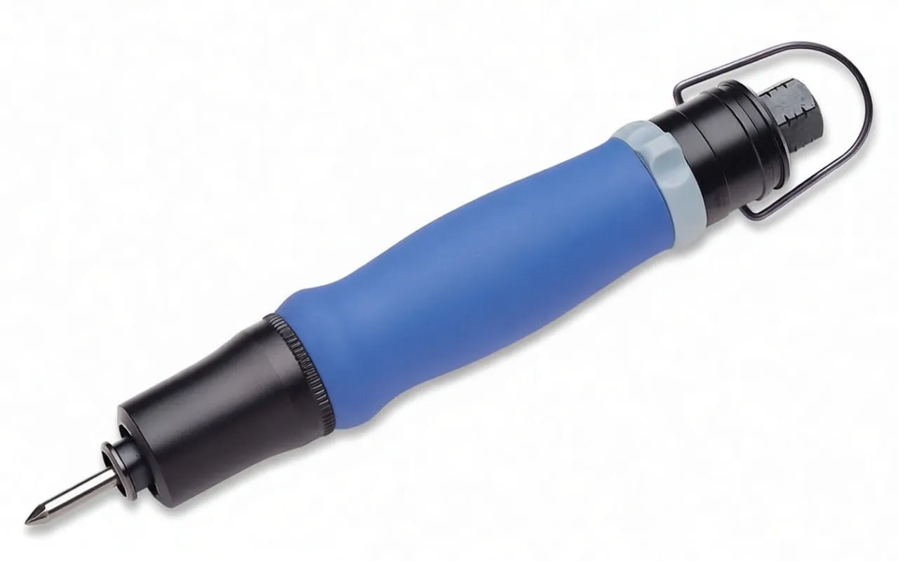 Close-up of pneumatic screwdriver showing blue grip, black torque collar and rear hanger