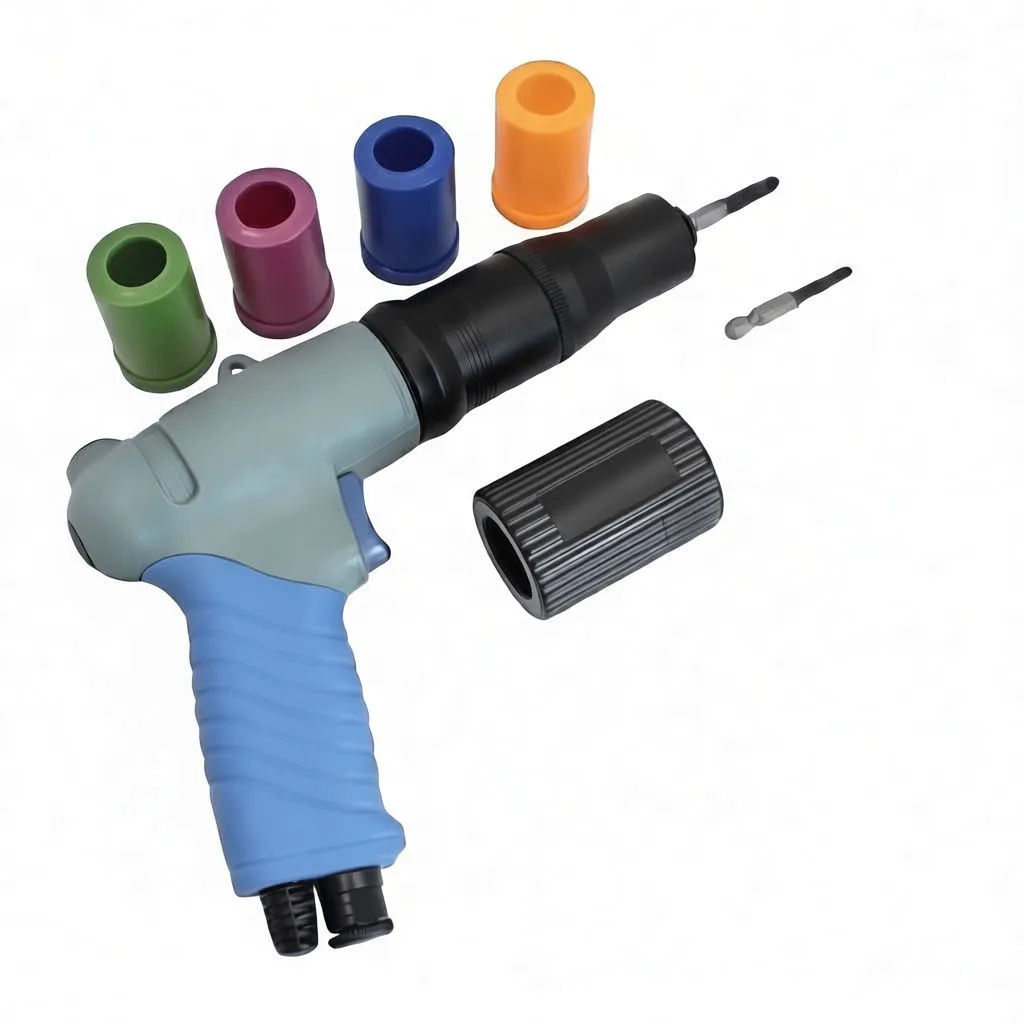 Angled view of pneumatic screwdriver with nose, grip and accessory set including colored sleeves and bits