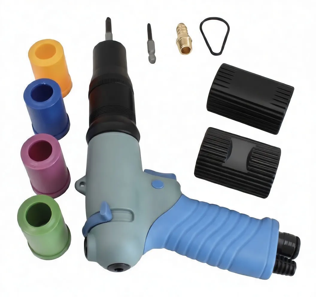 Top-down image of pneumatic screwdriver, label on body, colored sleeves, bits and fittings