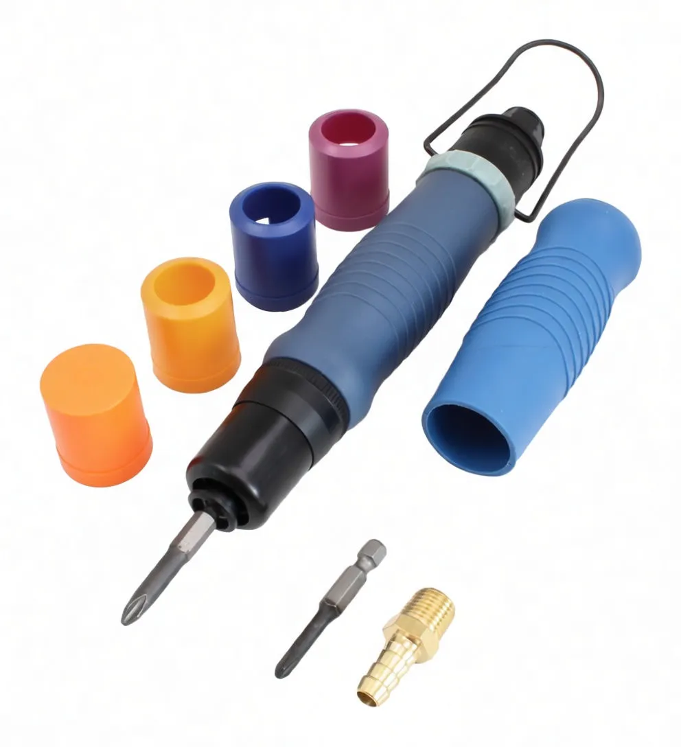 Angled view of straight pneumatic screwdriver with grip sleeve, colored collars, two bits and brass adapter