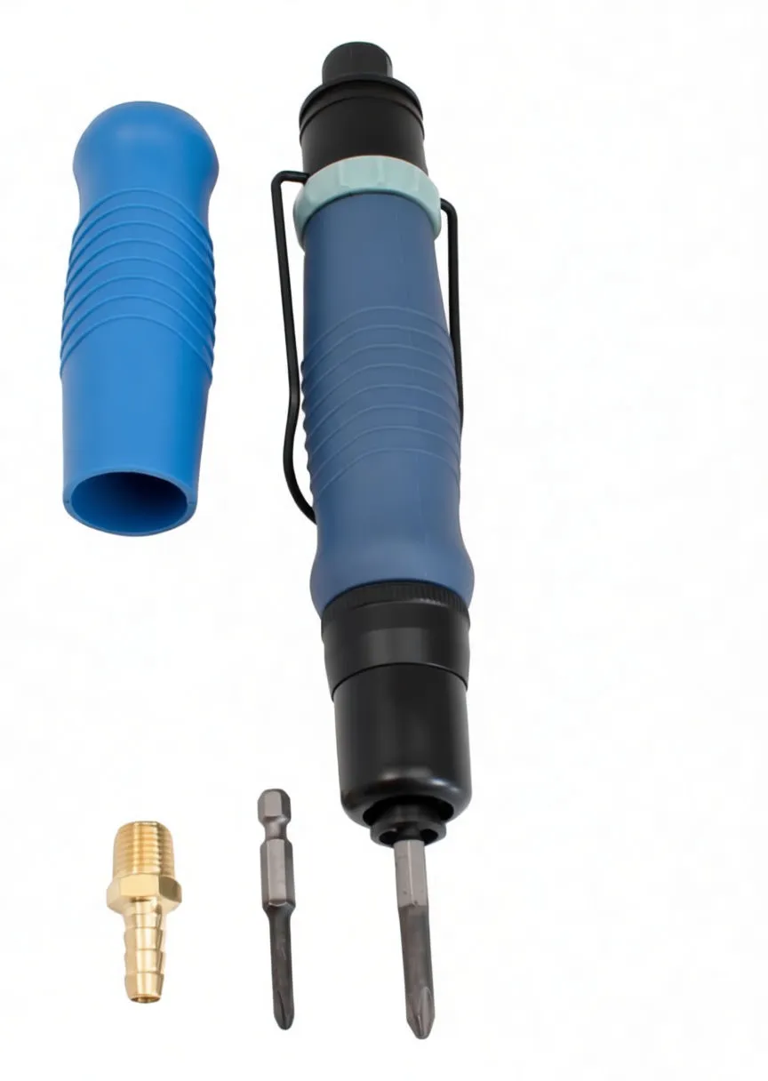 Flat-lay of straight pneumatic screwdriver with sleeve, colored collars, bits and brass hose adapter