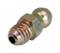 Angled view of grease fitting showing threads, hex flats and dome head with small hole