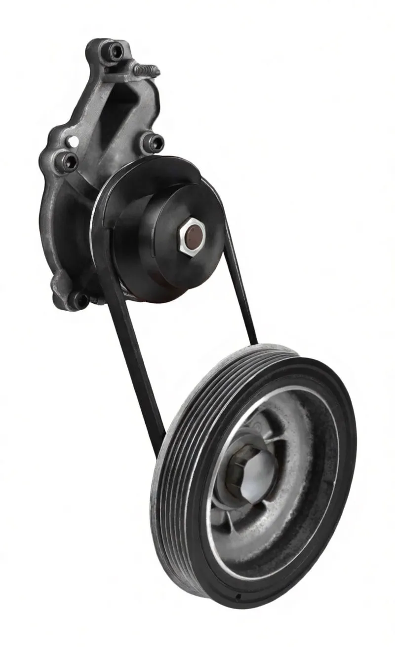 Adapter mounted on an engine pulley assembly with belt routed over pulleys and hex nut at center