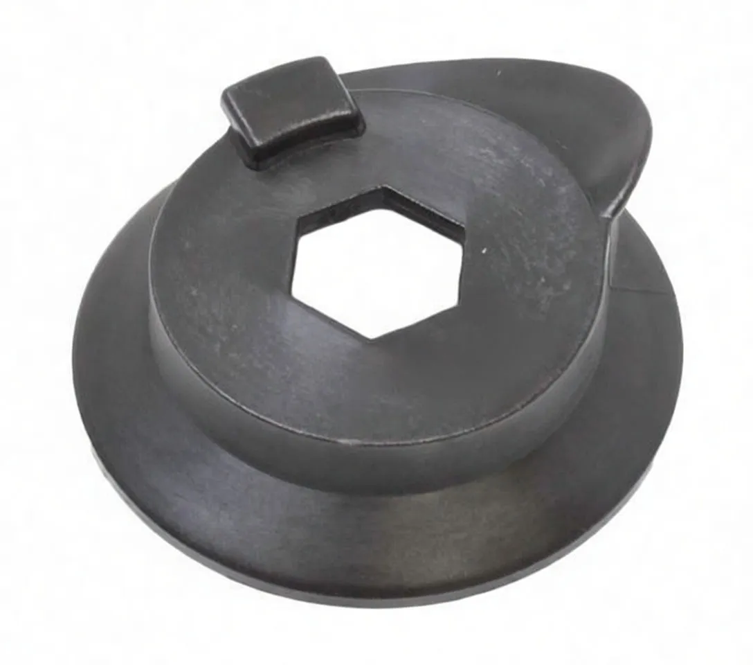 Side angle of black molded adapter showing curved flanges, hex center cutout and ASTA logo