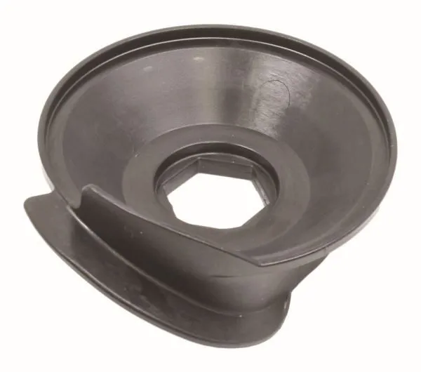 Underside of plastic adapter showing bowl-shaped interior and hexagonal center opening