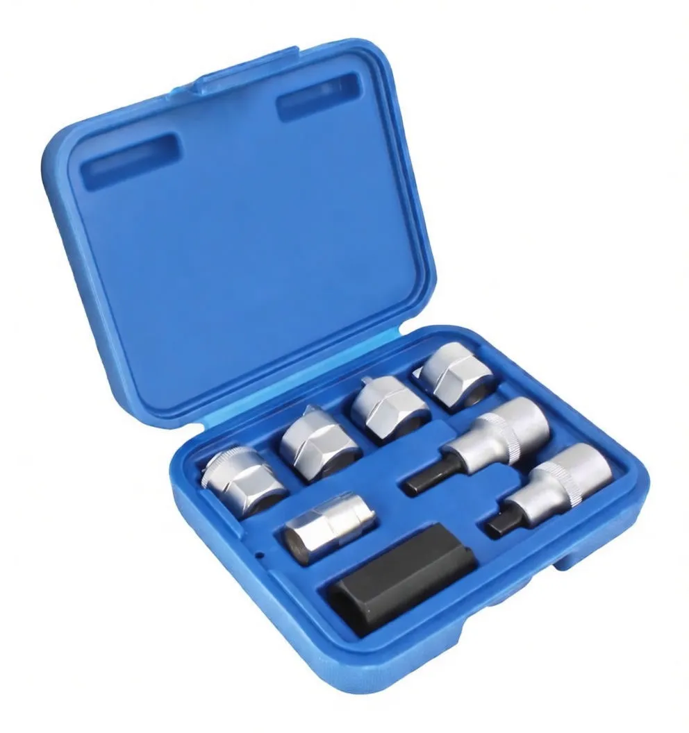 Perspective shot of blue case with strut nut tool kit: chrome sockets, knurled drivers, silver adapter and black adapter block with printed text.