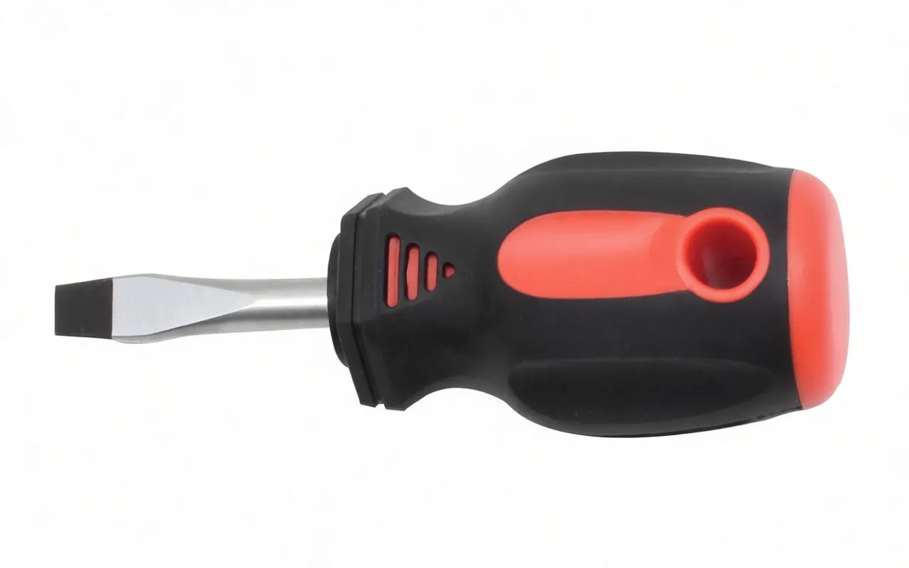 Side view of a short black-and-red slotted screwdriver with 'ASTA' marking on the handle