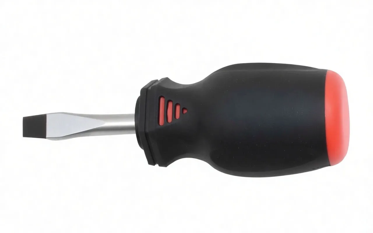 Side view of stubby slotted screwdriver with ASTA logo on black and red handle