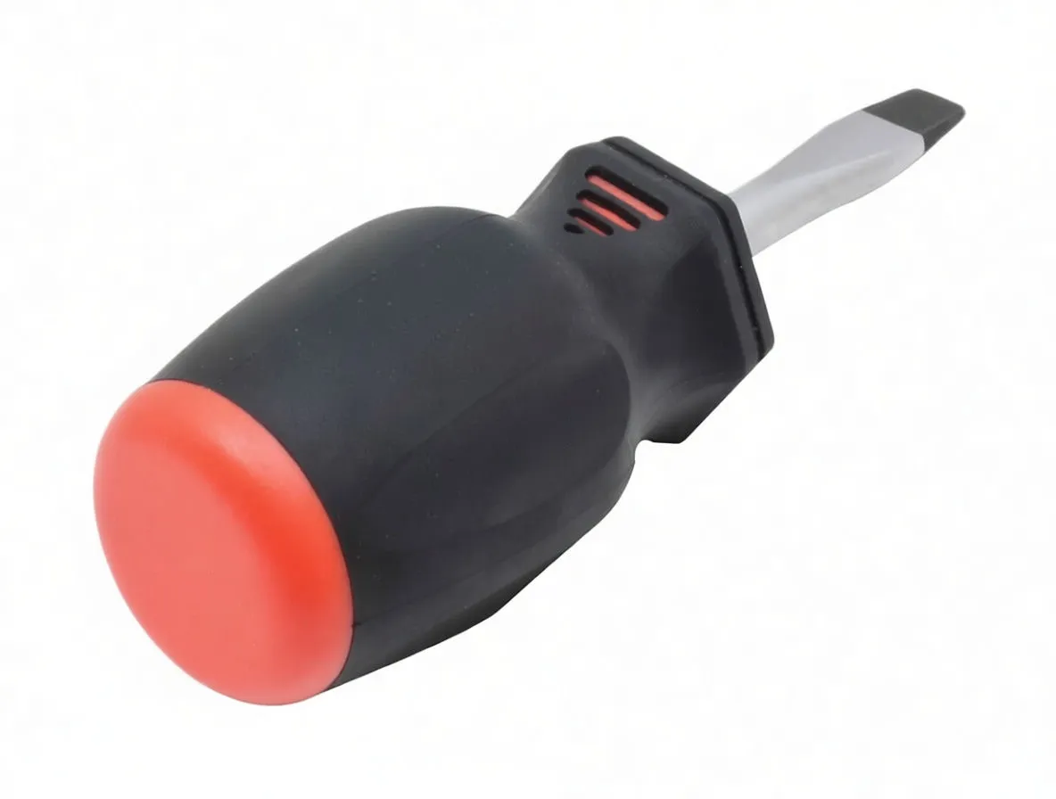 Short red-and-black screwdriver with a slotted tip and size marking on the red end cap