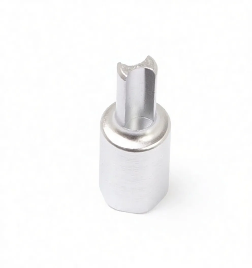 side view of chrome socket adapter showing 1/4 inch drive recess, hex body and notched tip