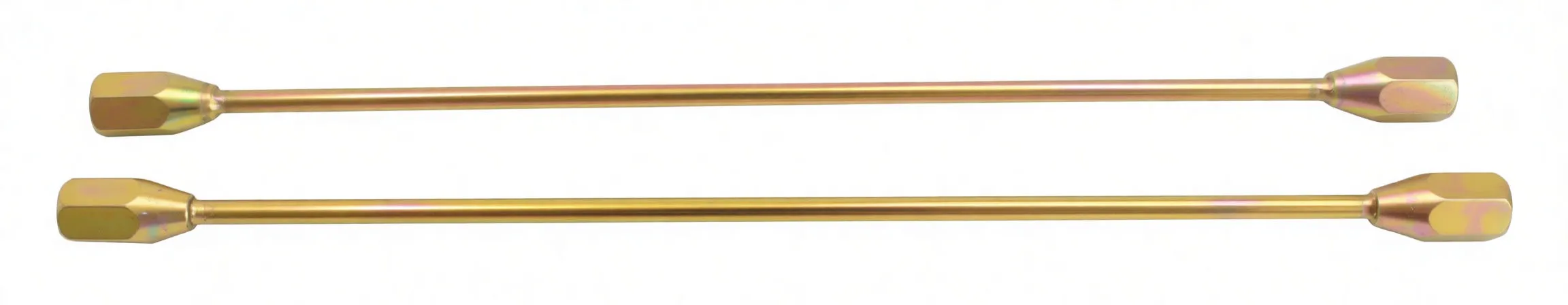 Parallel top view of two gold-plated fork bleed tool rods with hex socket ends and visible stamped markings