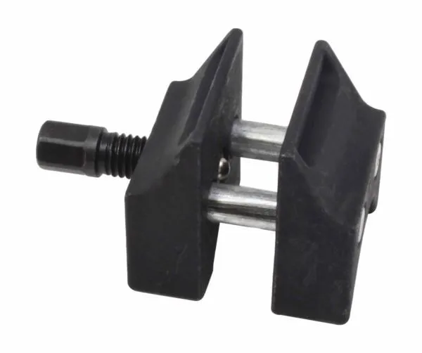 Suspension split hub knuckle spreader tool with two black wedge jaws, two silver guide rods and a threaded hex drive shaft