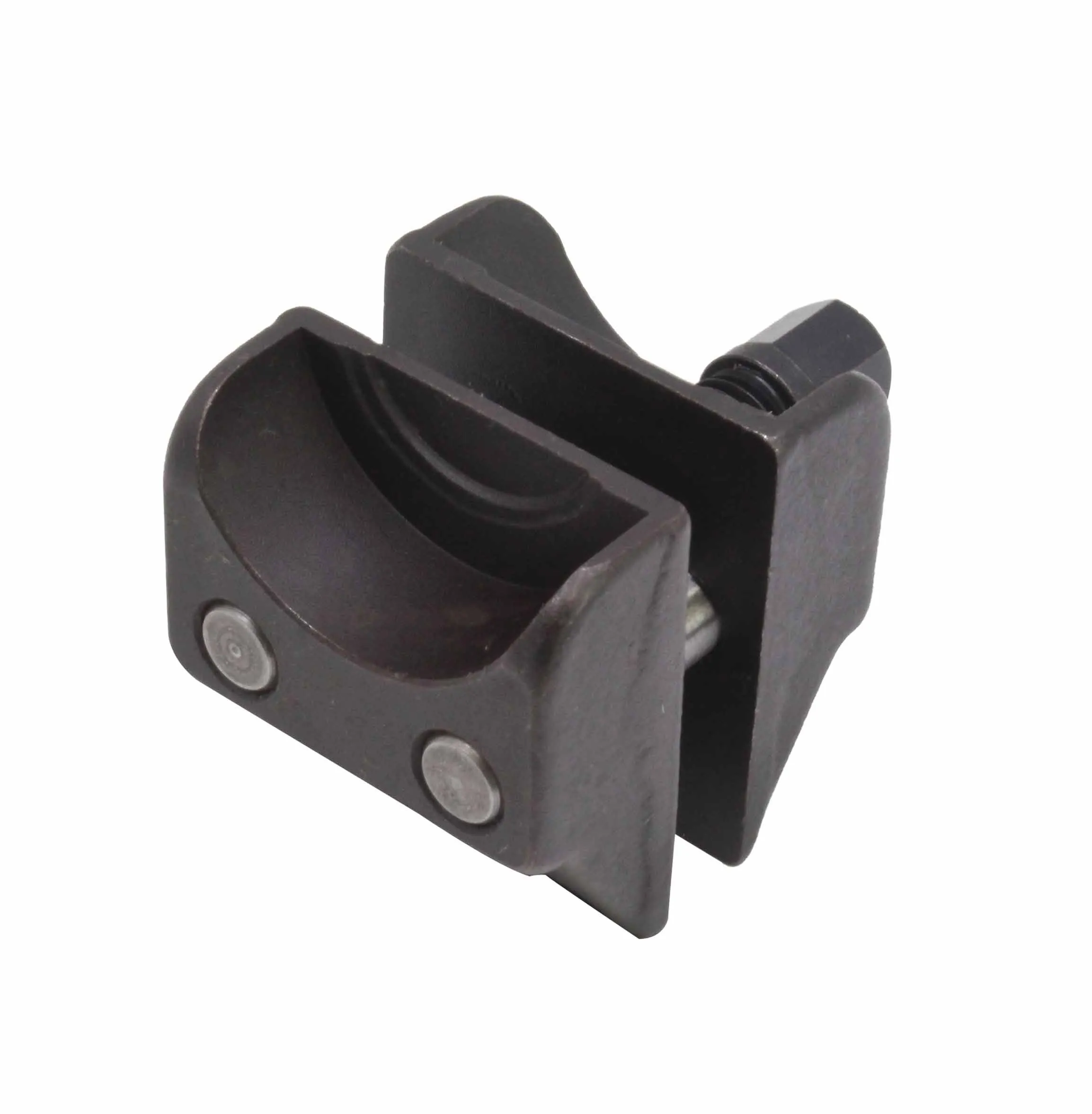 Rear oblique view showing semicircular jaw cavities, rivet-like discs, cross pin and side hex bolt