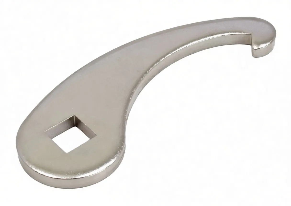 Angled underside view of a chrome curved spanner wrench with hook tip, square drive hole, and ASTA A-MK40C marking