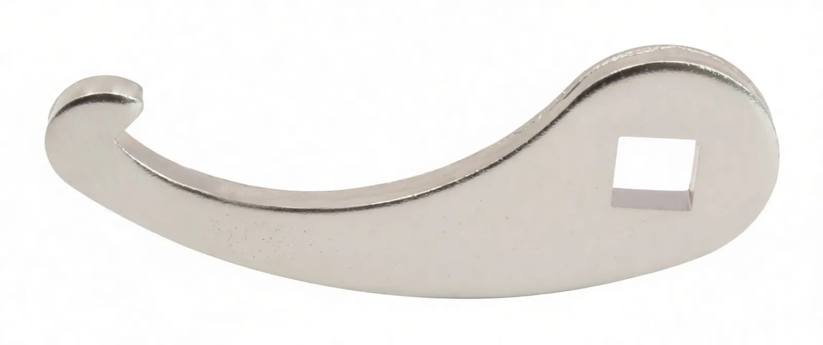 Side profile of silver curved preload spanner wrench showing hook tip, square drive hole, and ASTA A-MK40C marking