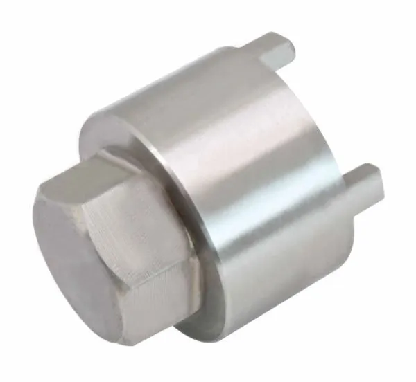 Angled view of metal lock nut tool showing hex drive end and two protruding engagement tabs on the polished cylindrical body
