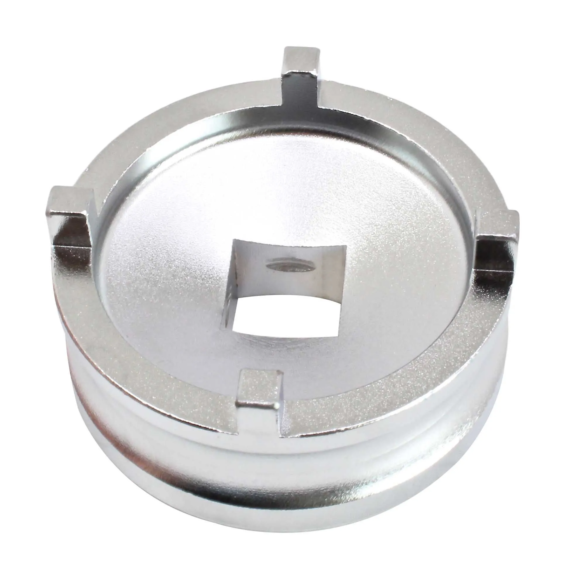 top view of circular metal lock nut tool showing four engagement lugs and square drive recess