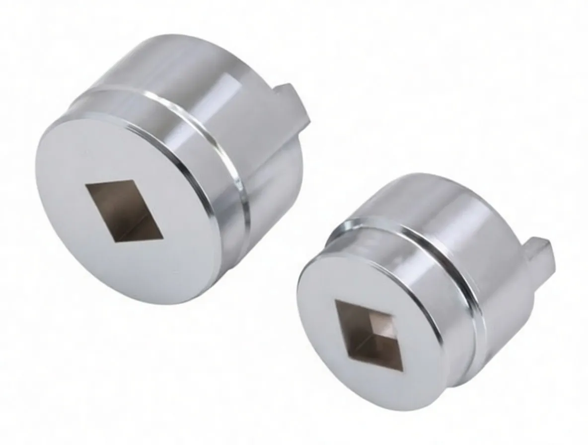 Bottom view of two chrome sockets showing square drive recesses and rectangular lugs on the rims.