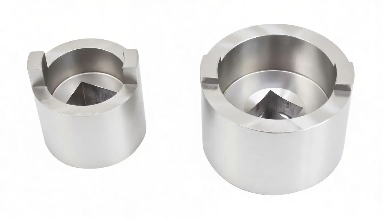 Side/back view of two hollow swing-arm sockets showing internal cavities and opposite rectangular engagement slots, small one marked 34mm