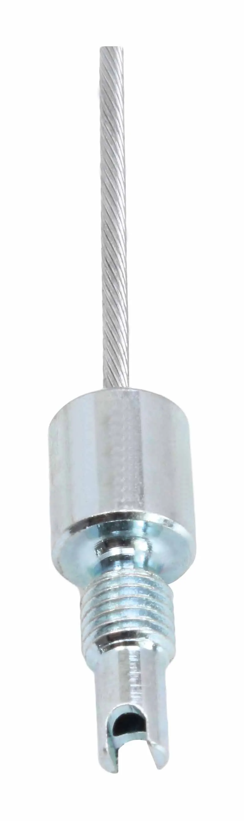 Close-up of threaded adapter and slotted tip of air valve puller with braided steel cable