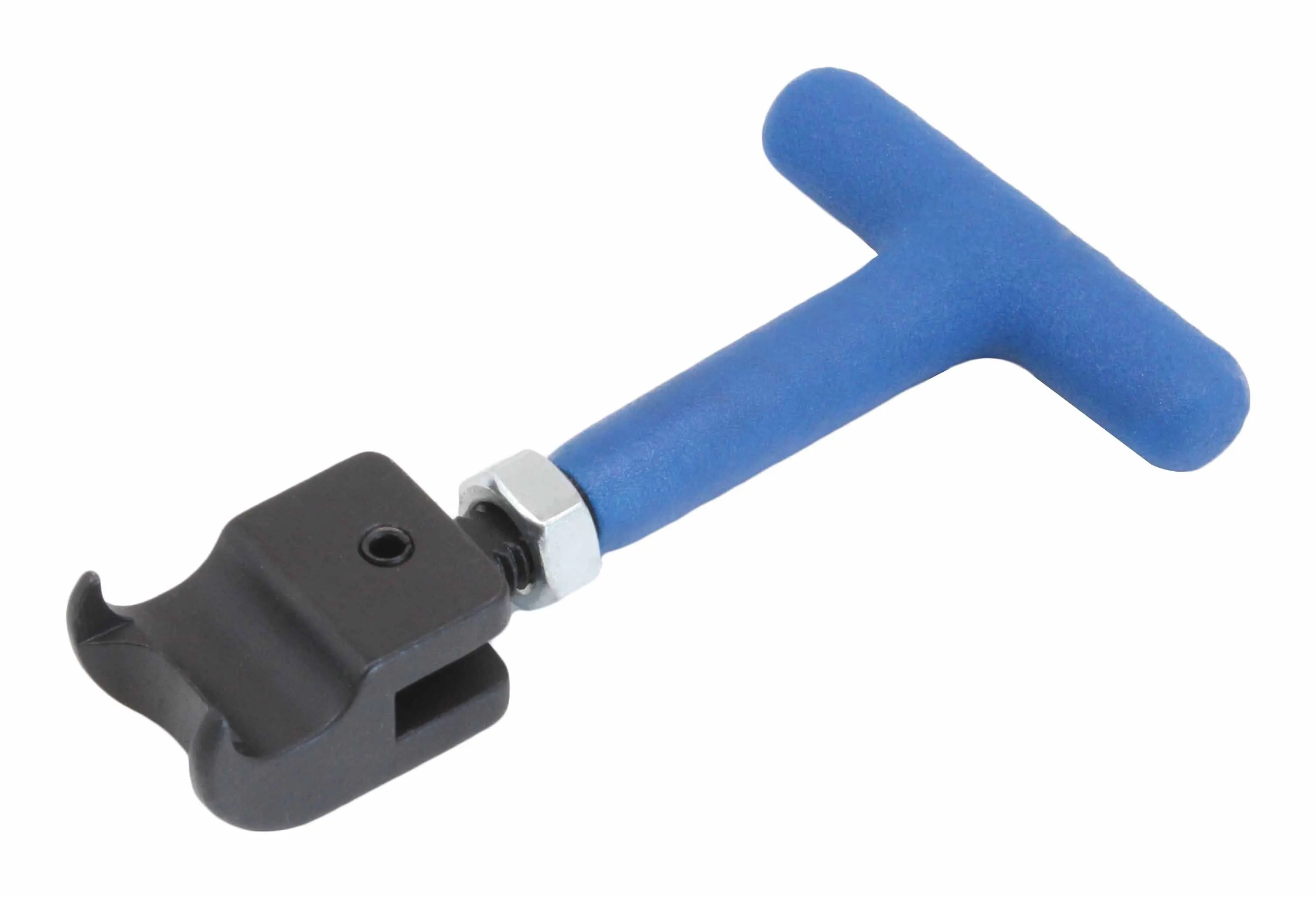 Alternate angle of blue T-handle hose clamp removal tool showing black forked head and hex nut