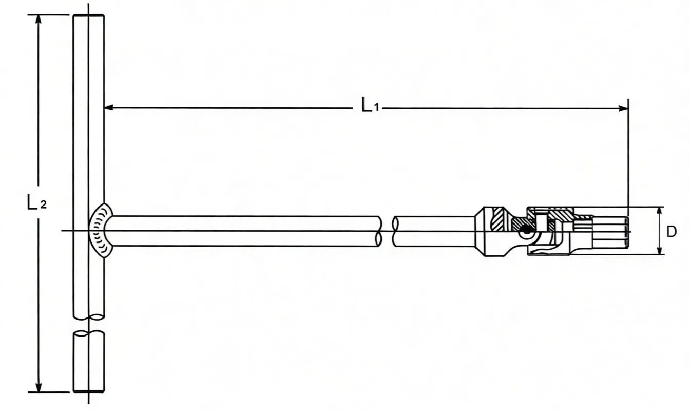 Technical drawing of T-handle wrench showing dimensions L1, L2, D and cross-sectional view of the universal Torx head