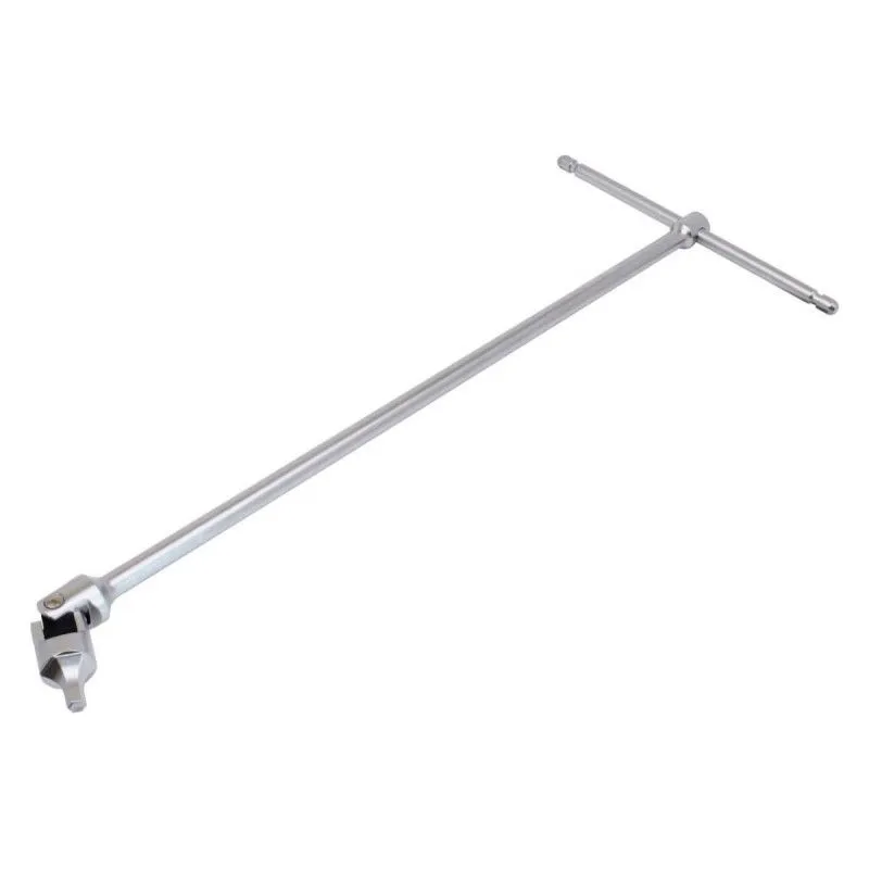 Chrome T-handle wrench laid flat showing T-bar handle, long shaft and universal swivel head with Torx T40 bit