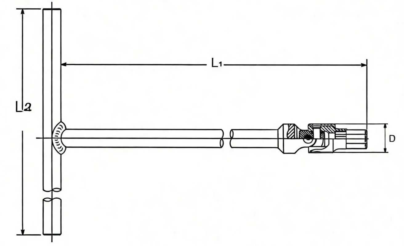 Technical drawing of T-handle wrench with dimensional labels and cross-section of the universal joint