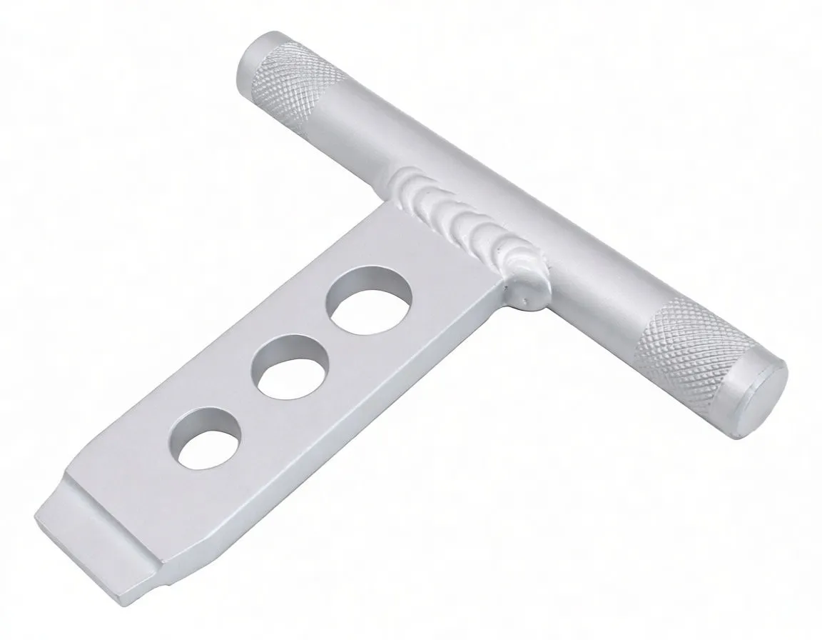 Angled view of silver timing plug wrench showing knurled T-handle, welded joint, three holes in flat arm and ASTA marking