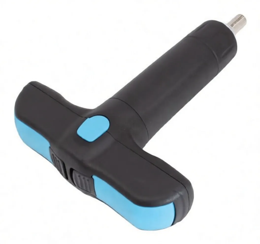 Top/side close-up of black T-handle torque screwdriver with blue button and torque indicator window