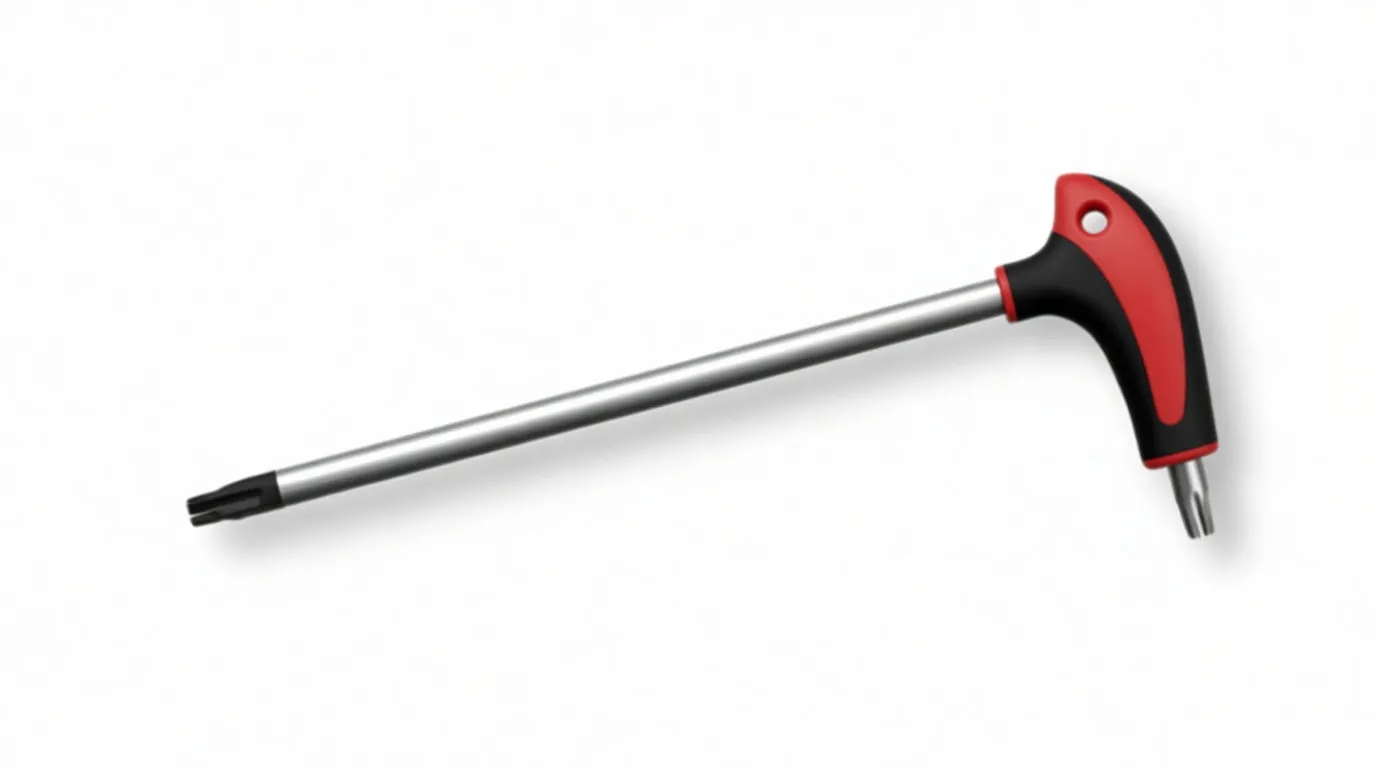 Illustration of L-type Torx key with Polish label and close-up insets of Torx tips