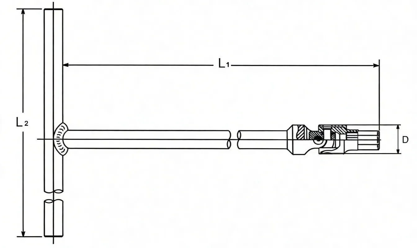 Technical diagram of T-handle universal Torx T45 wrench with dimensions and cross-sectional joint detail