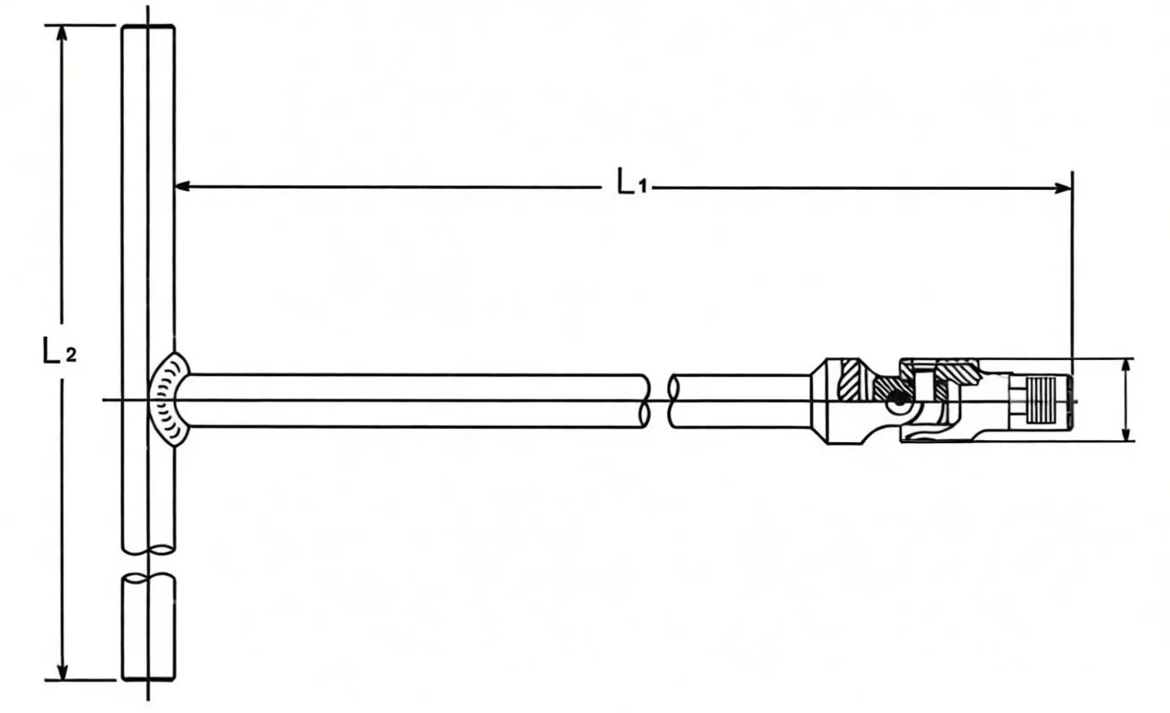 Technical schematic of T-handle wrench with labeled dimensions and cross-section of universal joint